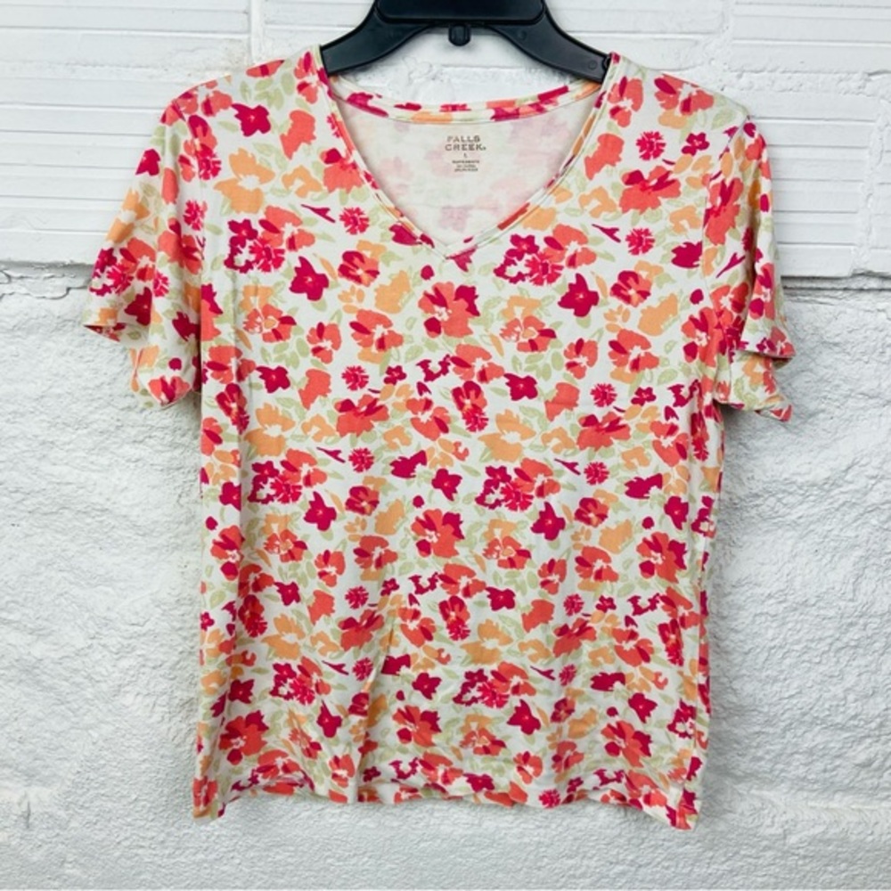 Falls Creek Floral Short Sleeve V neck Top - Red and Orange size large